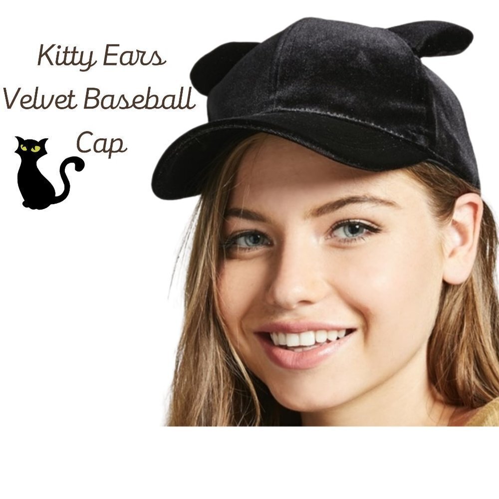 Forever 21 Black Velvet Kitty Ears Baseball Cap Cat Ear Hat Cosplay Costume